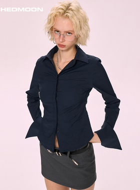 ARCHEDMOON藏蓝色收腰长袖衬衫内搭秋显瘦辣妹设计感小众短上衣女