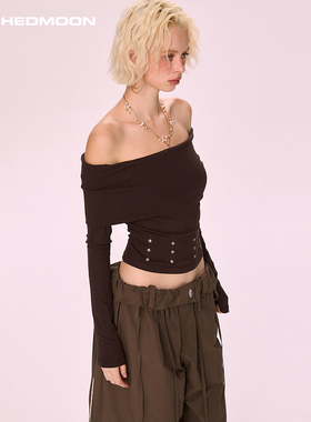 ARCHEDMOON咖色一字肩显瘦上衣打底内搭秋新款小众设计感针织衫女