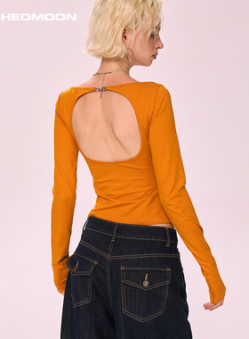 ARCHEDMOON 橘色圆领正肩露背长袖t恤设计感小众显瘦辣妹上衣女秋