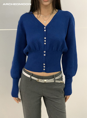 ARCHEDMOON02/07蓝色v领收腰毛衣针织衫内搭气质显瘦长袖上衣女春