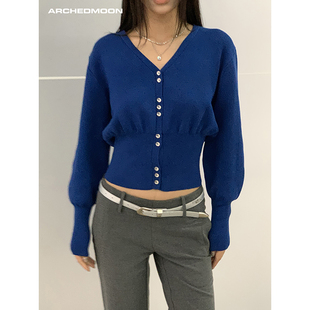 ARCHEDMOON02/07蓝色v领收腰毛衣针织衫内搭气质显瘦长袖上衣女春