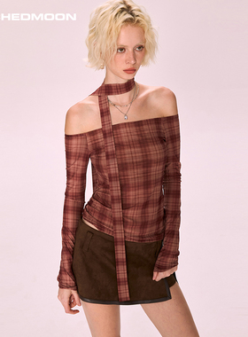 ARCHEDMOON 红色格子一字肩长袖t恤秋冬设计感小众露肩修身上衣女