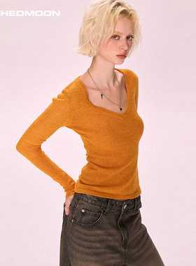 ARCHEDMOON0橘色v领薄毛针织衫打底内搭女2025新款秋修身长袖上衣