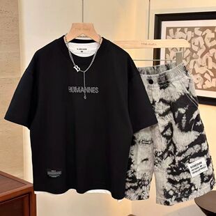 正品亲子男童纯棉短袖套装2026夏季新款迷彩短裤中大童帅气两件套