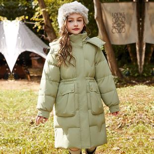 正品亲子女童收腰加厚羽绒服2025新款90白鸭绒中大童过膝纯色大衣