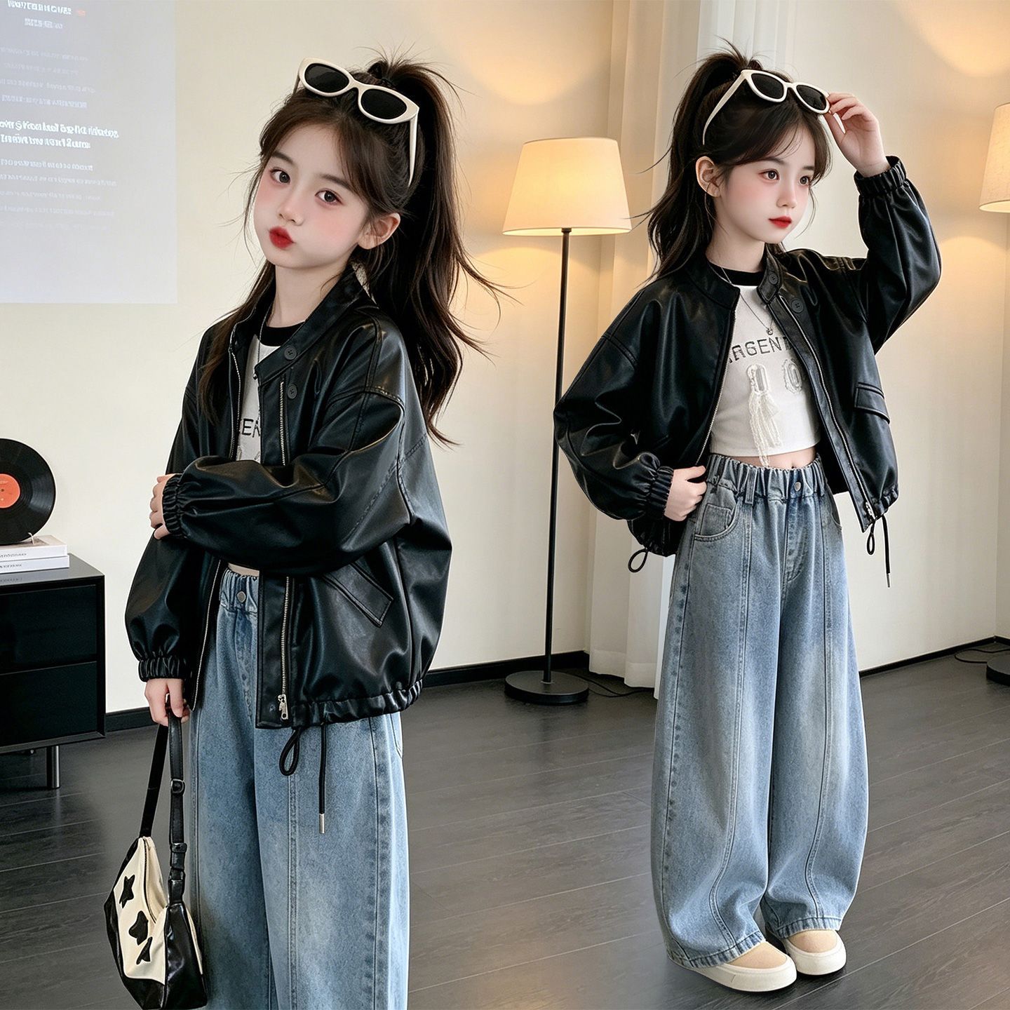 正品亲子女童春秋皮衣外套2026新款洋气中大童女孩夹克上衣机车服
