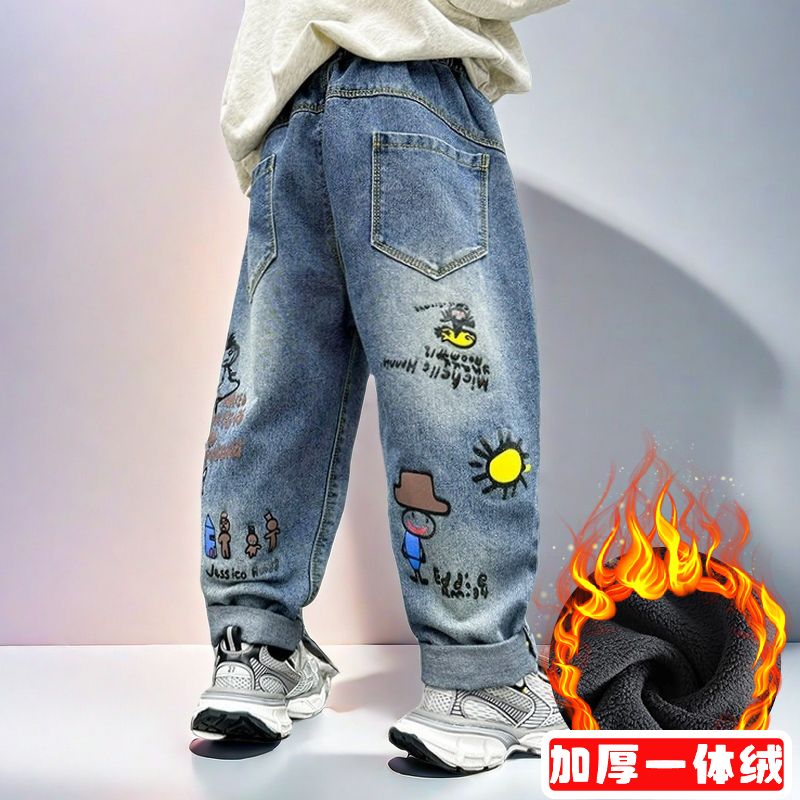 正品亲子中小童裤子男童裤子儿童牛仔裤加绒加厚裤子冬季长裤2024