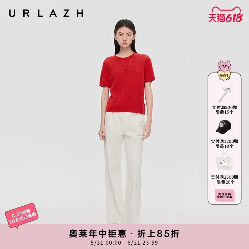 URLAZH有兰春季新款番茄红字母绣花圆领合体短袖套头针织衫毛衣女