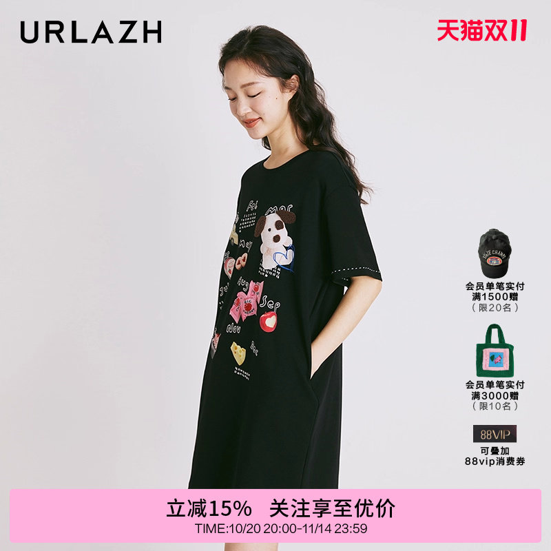 URLAZH有兰夏季新款复古洋气黑色涂鸦印花宽松休闲短袖连衣裙女