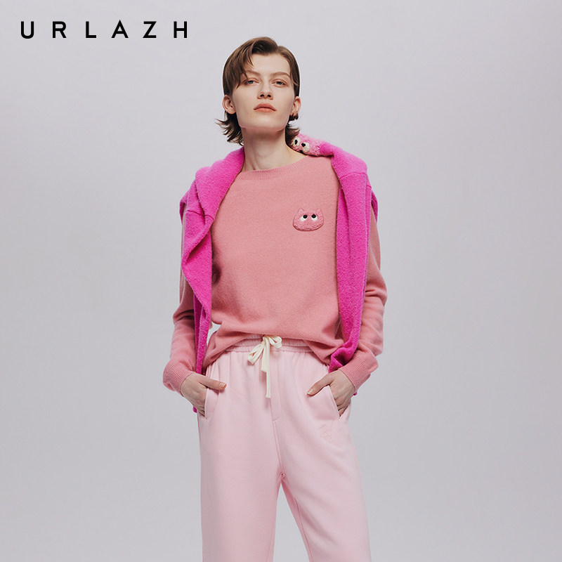 URLAZH有兰秋季新款慕斯粉猫咪贴布绣百搭圆领羊绒休闲长袖毛衣女,女装/女士精品,毛衣,淘宝优惠券,粉丝福利购,淘宝优惠卷