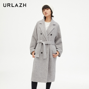 URLAZH有兰新款灰色气质羊毛长款大衣外套女IM3TC07