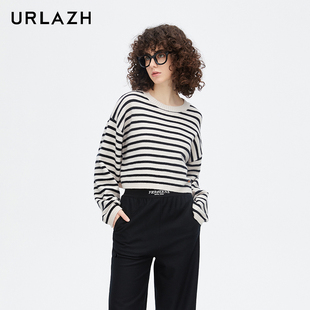 URLAZH有兰新款黑白条纹宽松慵懒风短款针织毛衣女