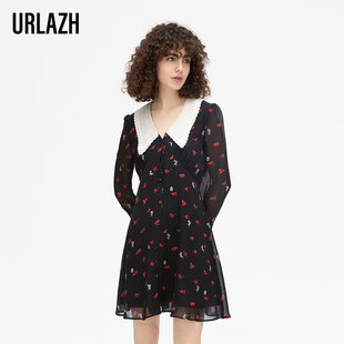 连衣裙女 复古爱心减龄娃娃裙黑色印花长袖 URLAZH有兰春季 新款