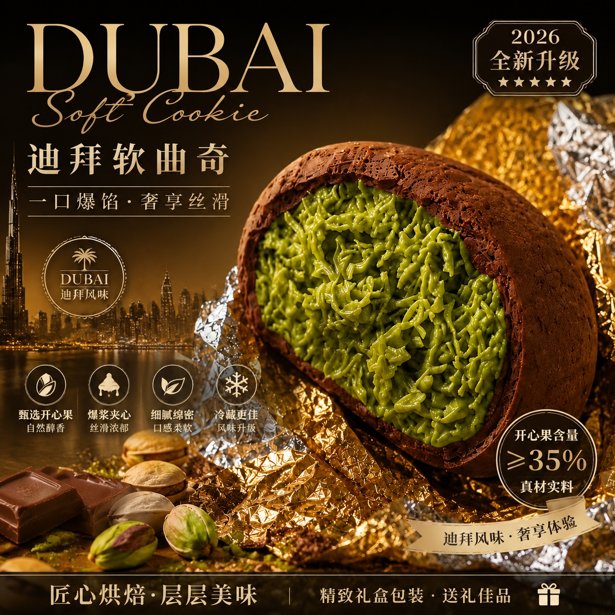 迪拜风味软曲奇开心果味糕点心榛子巧克力味甜点心网红好吃的零食