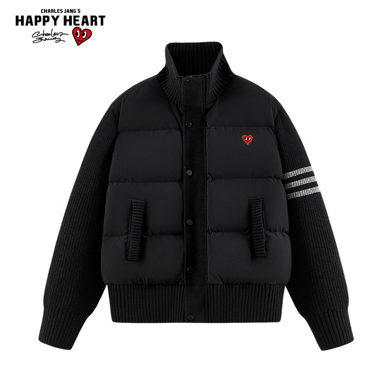 拼接袖立领羽绒服袖子麻花针织三道杠宽松保暖外套