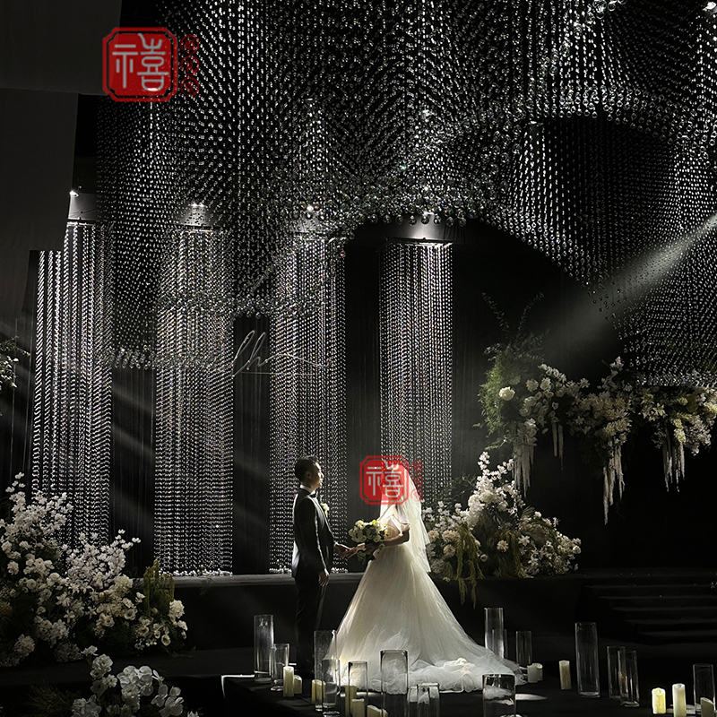 婚庆道具镂空分段水晶菠萝珠帘珠串婚礼H用品吊顶线帘舞台背景装