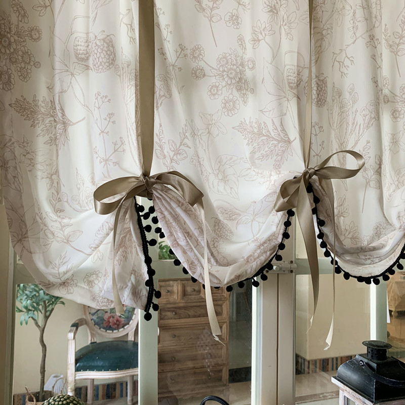 奶油风美式奶茶色提拉帘升降帘窗D帘纱帘免打孔安装短帘半帘门帘