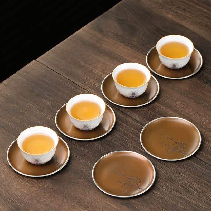 好茗天手b工紫铜包银边茶杯垫杯托纯铜功夫茶具配件家用隔热壶托