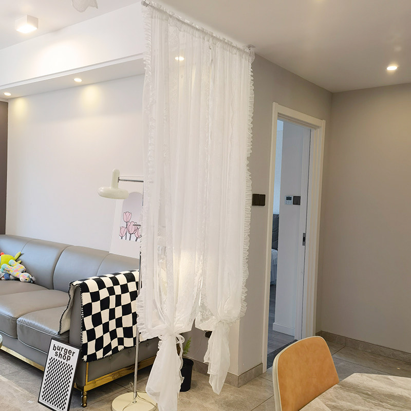 卧室少女蕾丝隔断遮光帘挂帘屏风免打孔J安装窗帘纱帘隔断客厅柜