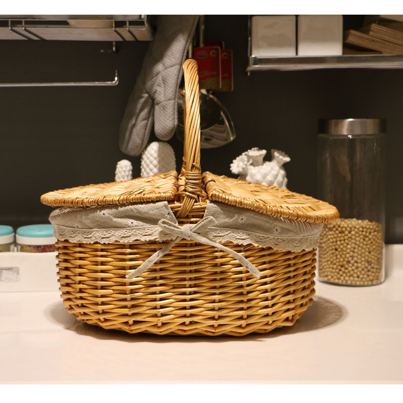 野餐篮子藤编田园带盖柳编大号水果礼品篮N子竹编篮子手提收纳筐