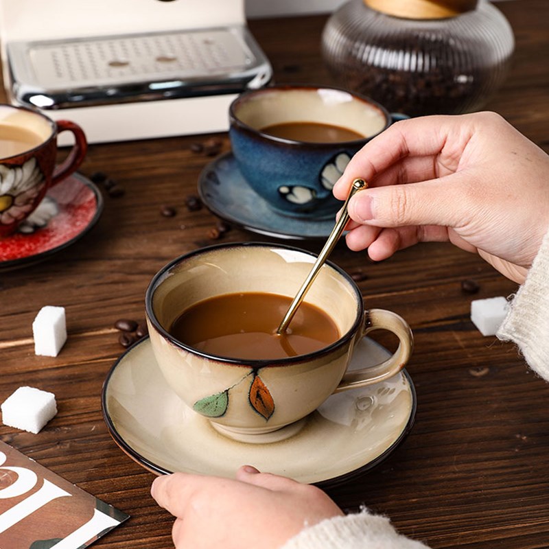 舍里美式复古手绘创意咖啡杯碟套装家用情侣杯Q马克杯高档精致杯