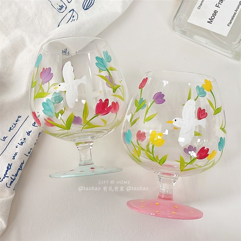 小众艺术彩绘白鸽玻璃高脚杯白兰地葡萄酒红酒杯S果汁饮料杯子情