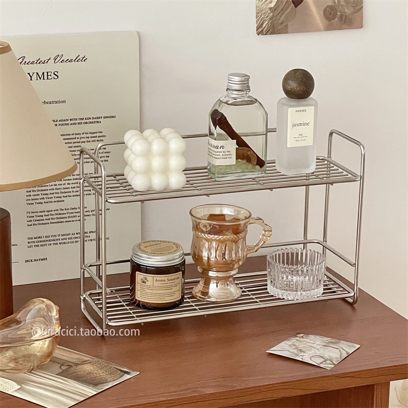 不锈钢金属桌面双层置q物架家用梳妆台香水化妆品台面整理收纳架