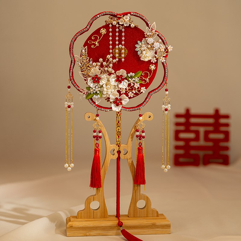 团扇新娘结婚秀禾中式婚礼红色高级新婚L礼物diy材料包喜扇