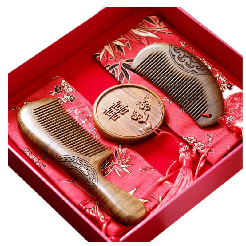 镜梳套装b梳子女陪嫁妆金丝檀刻字婚庆木梳一对礼物结婚梳对梳