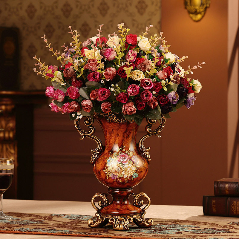 欧式高档树脂花瓶假花插花器客厅办公室酒店玄关复古花插装饰摆件
