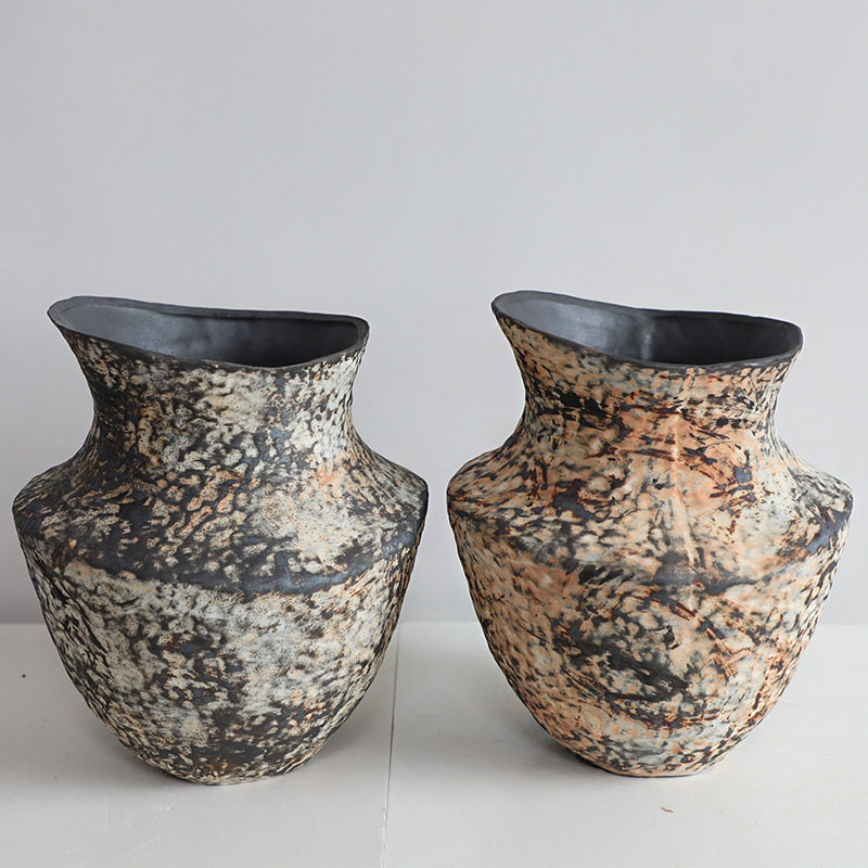 油画风侘寂风陶瓷花瓶粗陶瓶插花复古怀旧手工民宿酒店禅意摆件新