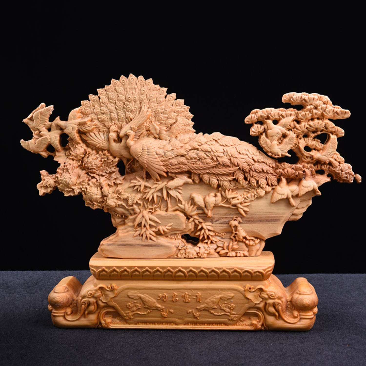 崖柏精雕功名富贵家居摆件 实木孔雀开屏花开富贵开业乔迁工艺品