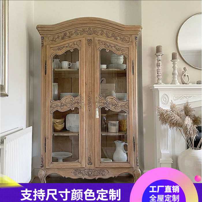 欧式实木做旧书柜美式乡村橡木雕花客厅书橱法式复古书架展示柜