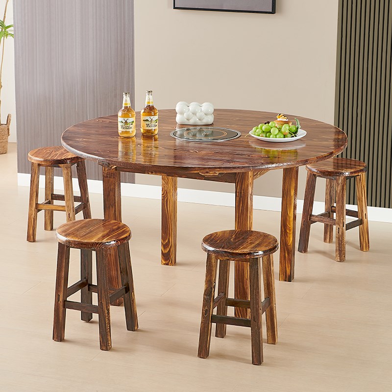 实木火锅桌子电i磁炉一体饭店桌椅火锅桌商用农家乐大排档复古餐