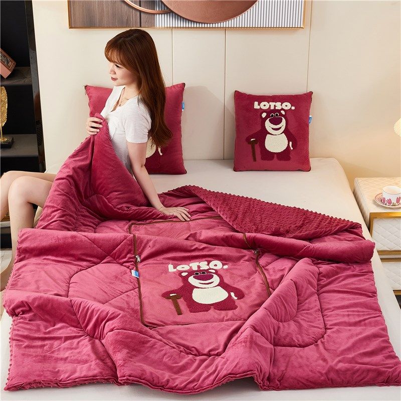 草莓熊折叠汽车内抱枕被子两用办公室午睡毯N二合一枕头车载靠背