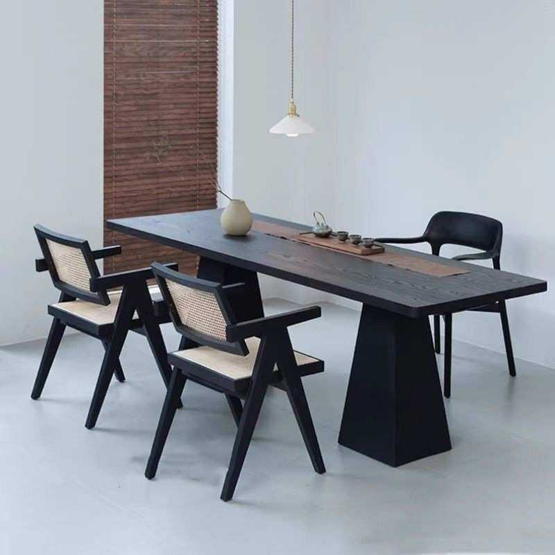 实木餐桌黑色白蜡木简约现代家用工作台长方形茶桌诧寂风大班桌