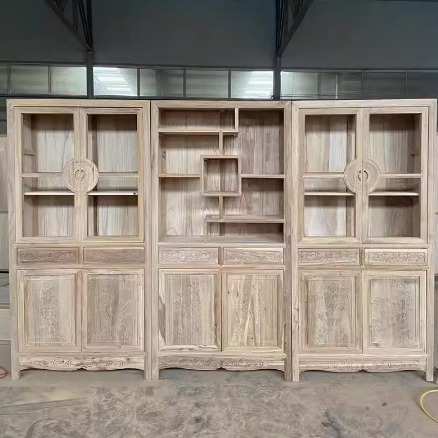 北方老榆木实木书柜白茬白胚坯落地新中式书架家具组合展示柜书橱