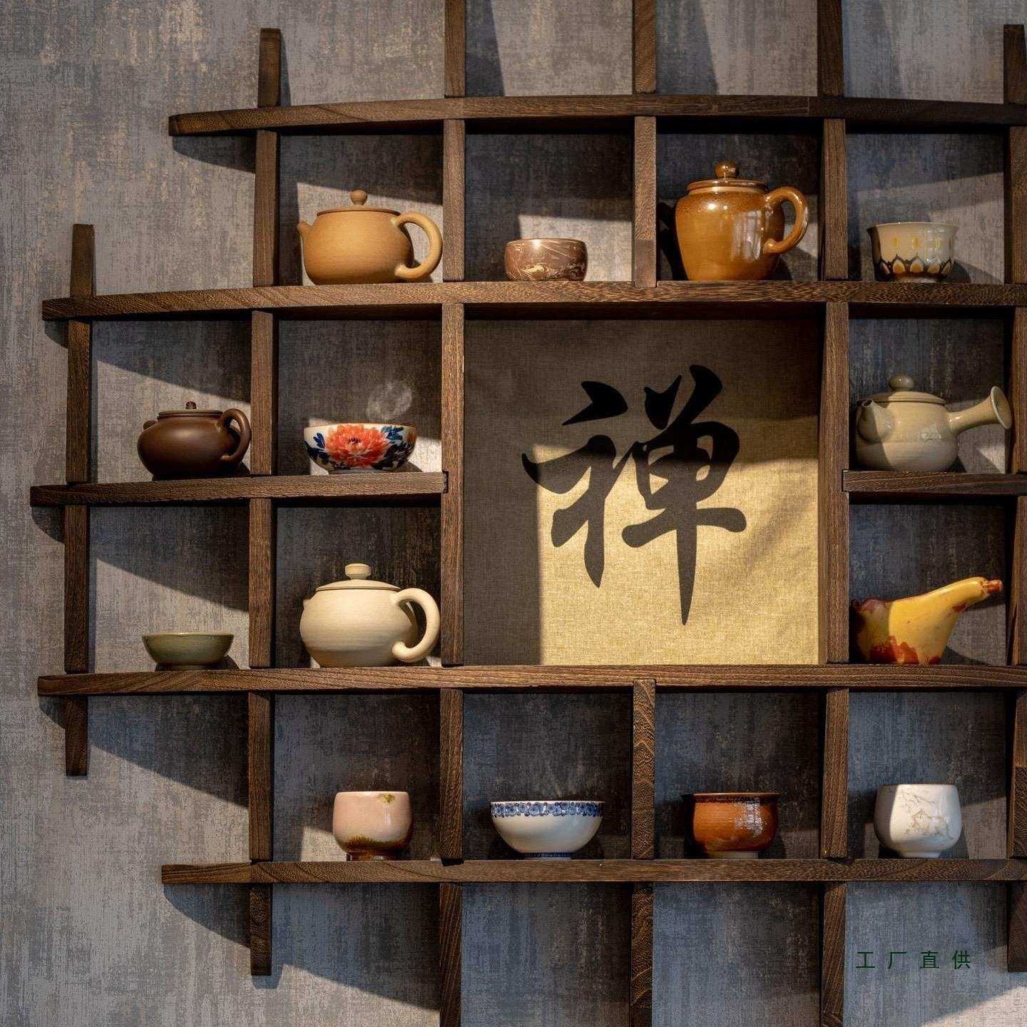 茶室壁挂式复古博古架实木中式挂墙茶杯架多宝阁格架置物架展示架