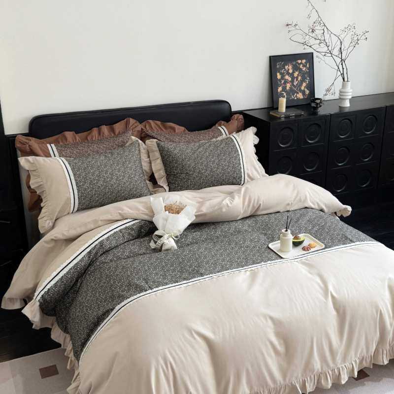 法式浪漫风花卉全棉长绒棉磨毛花边四件套被套床单纯棉床上用品