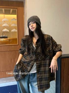 TANG美式覆古格子衬衫女2025秋季新款宽松磨毛百搭长袖衬衣外套潮