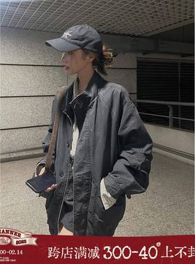 JMwomen 重工立体倒褶袖烟灰色夹棉牛仔外套女春秋2025宽松中长款