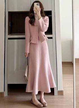 粉色小香风呢子套装女秋冬高级感千金气质名媛外套半身裙两件套