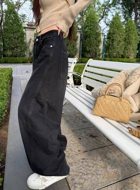 Here yaya shop 高工艺重工水洗植绒磨毛经典弯刀裤牛仔裤