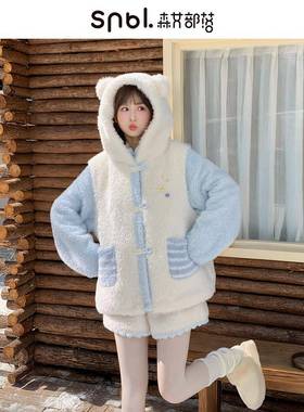森女部落甜美风熊耳连帽马甲女2025新款毛绒宽松显瘦拼色保暖外套