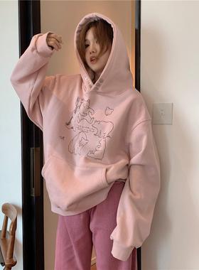 韩系慵懒风连帽粉色卫衣外套女秋冬加绒加厚宽松休闲小众设计上衣