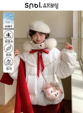 森女部落甜美风红波点90白鸭绒连帽羽绒服女2025新款冬季宽松外套