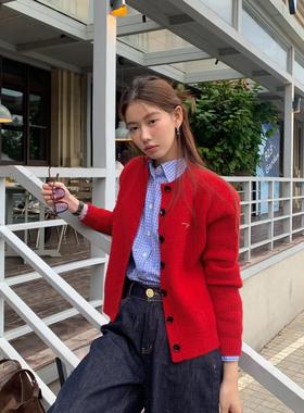 Halo Luu 覆古红色毛衣开衫女秋季新款韩系氛围感外套针织衫上衣