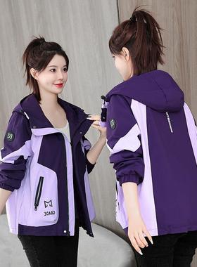 2025春秋时尚撞色短款户外外套女新款休闲宽松夹克高级连帽冲锋衣