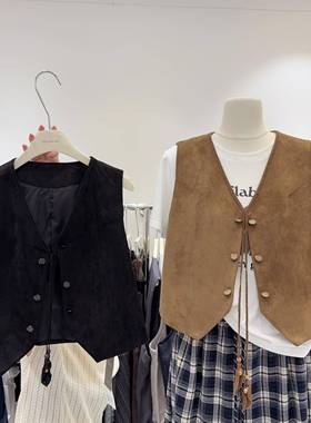 秋款老钱风覆古百搭彷鹿皮绒马甲背心女小外套显瘦无袖坎肩上衣女