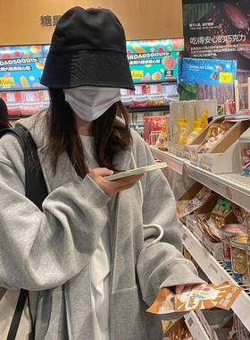 大小姐77慵懒风灰色宽松显瘦连帽休闲拉链卫衣春秋款外套上衣女